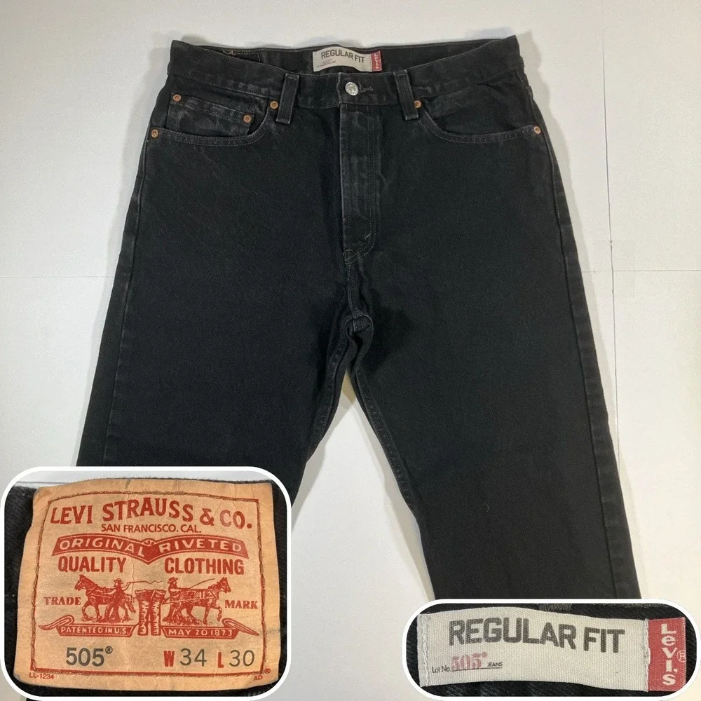 Levis 505 Jeans Mens 34x30 Black Straight Leg Zip Fly Stretch Denim